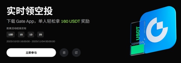 来Gate实时领空投，单人轻松拿160USDT奖励.jpg