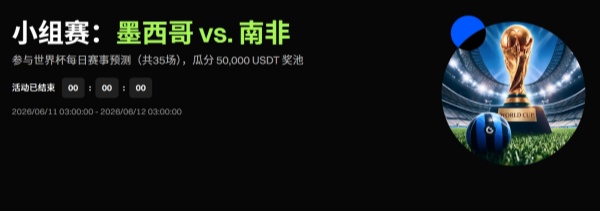 Gate 预测市场 x 世界杯每日焦点赛事:墨西哥 vs. 南非,预测瓜分 50,000 USDT 奖池.jpg Gate 预测市场 x 世界杯每日焦点赛事:墨西哥 vs. 南非,预测瓜分 50,000 USDT 奖池.jpg